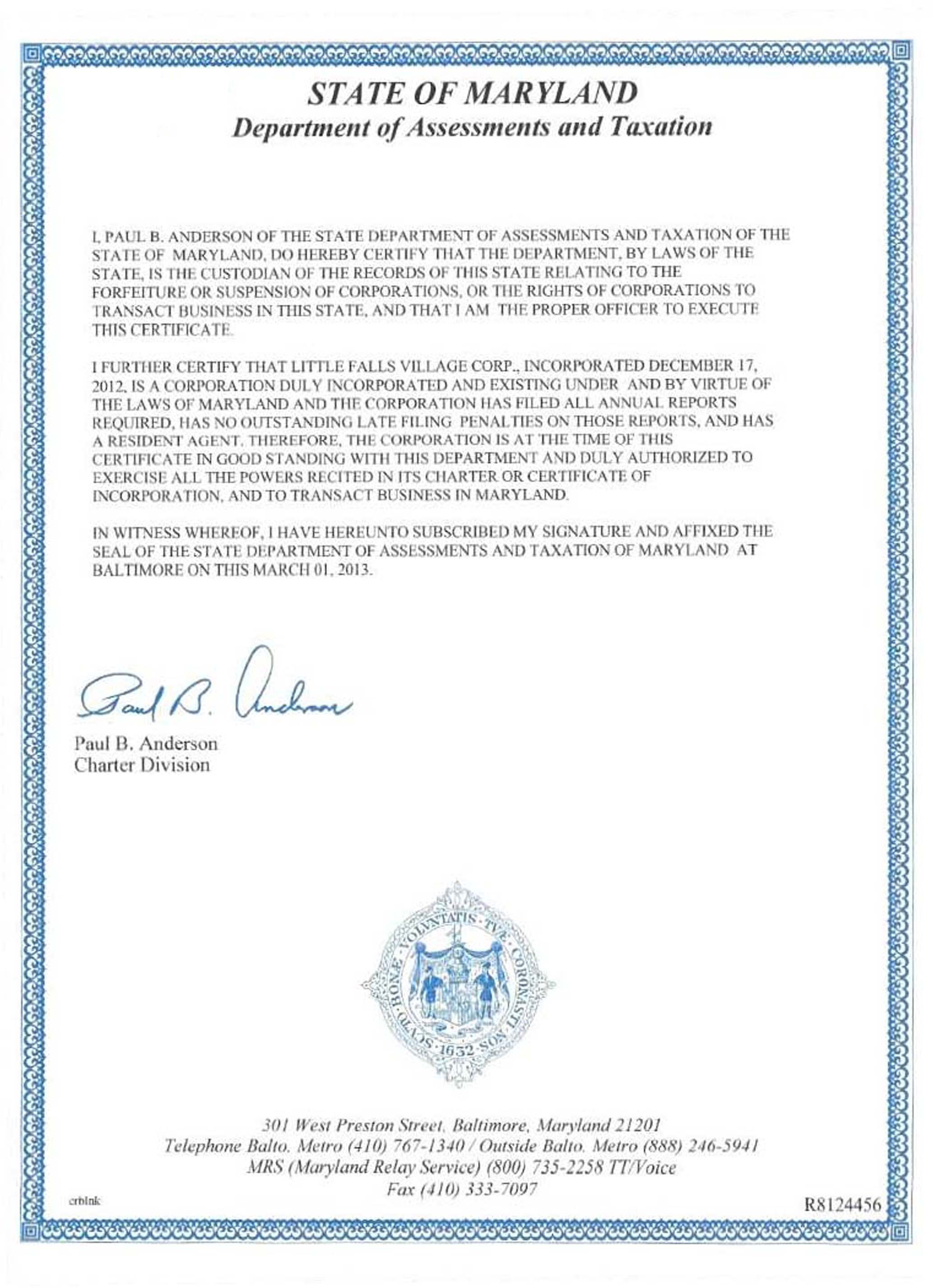 USA Maryland certificate of good standing